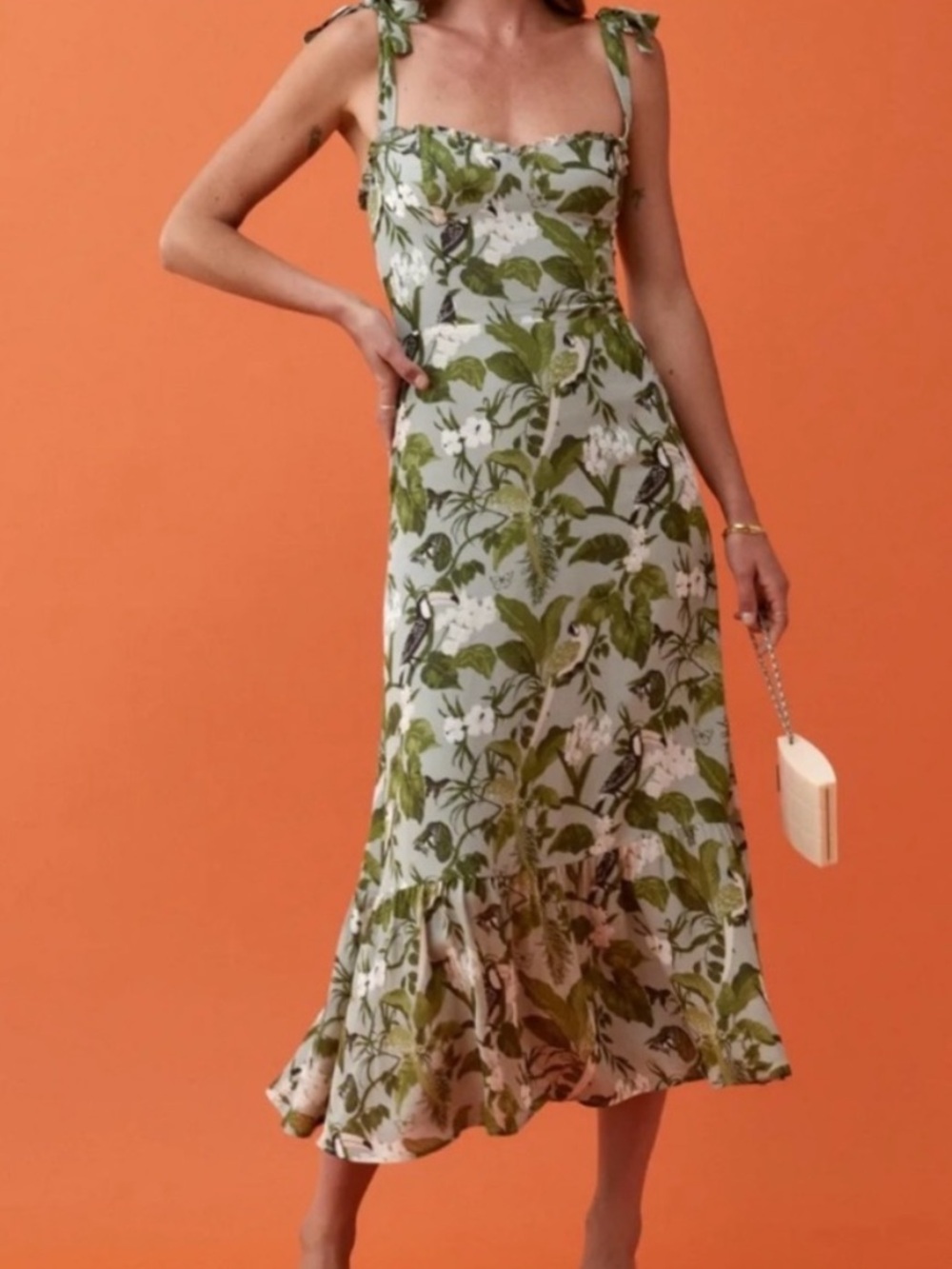 Reformation Green and White Botanical Tie-Shoulder Midi Dress